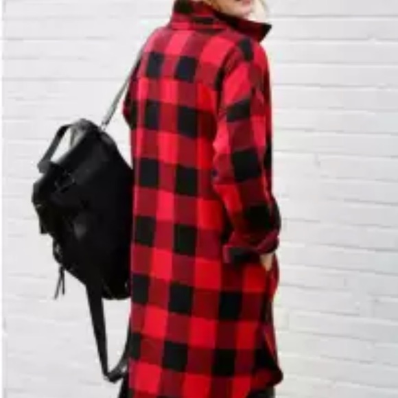 Long Oversized Buffalo Flannel Button Down Shirt - Picture 3 of 5